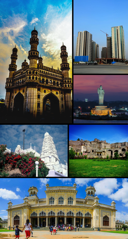 Clockwise from top left: Charminar, modern skyline, Hussain Sagar, Golconda Fort, Chowmahalla Palace and Birla Mandir.