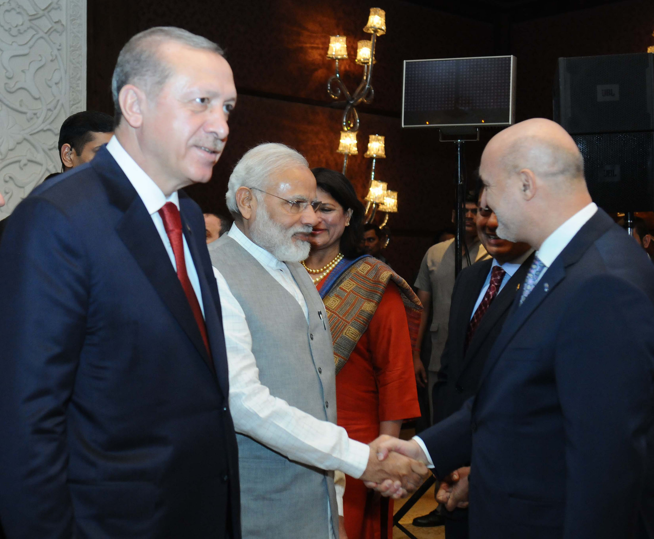 Prime Minister Narendra Modi and the President of Turkey Recep Tayyip Erdogan (left) at the India-Turkey Business Summit, in New Delhi.