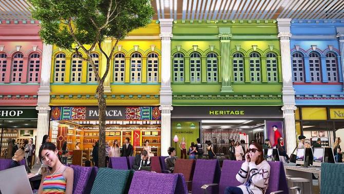 An artist impression about the T4 departure lounge featuring retail shops in the background. 