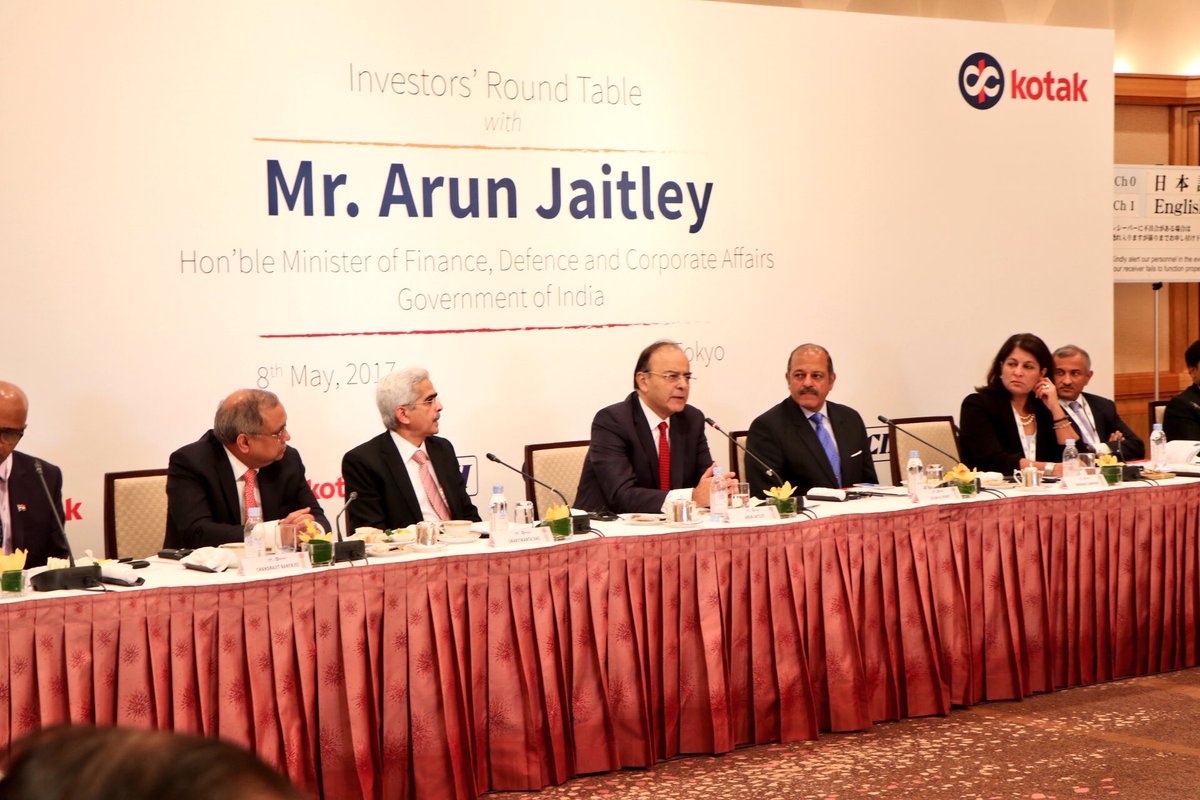 Finance Minister Arun Jaitley apprising Investors' Roundtable in Tokyo organized by CII & Kotak Bank of far-reaching changes in Indian economy.