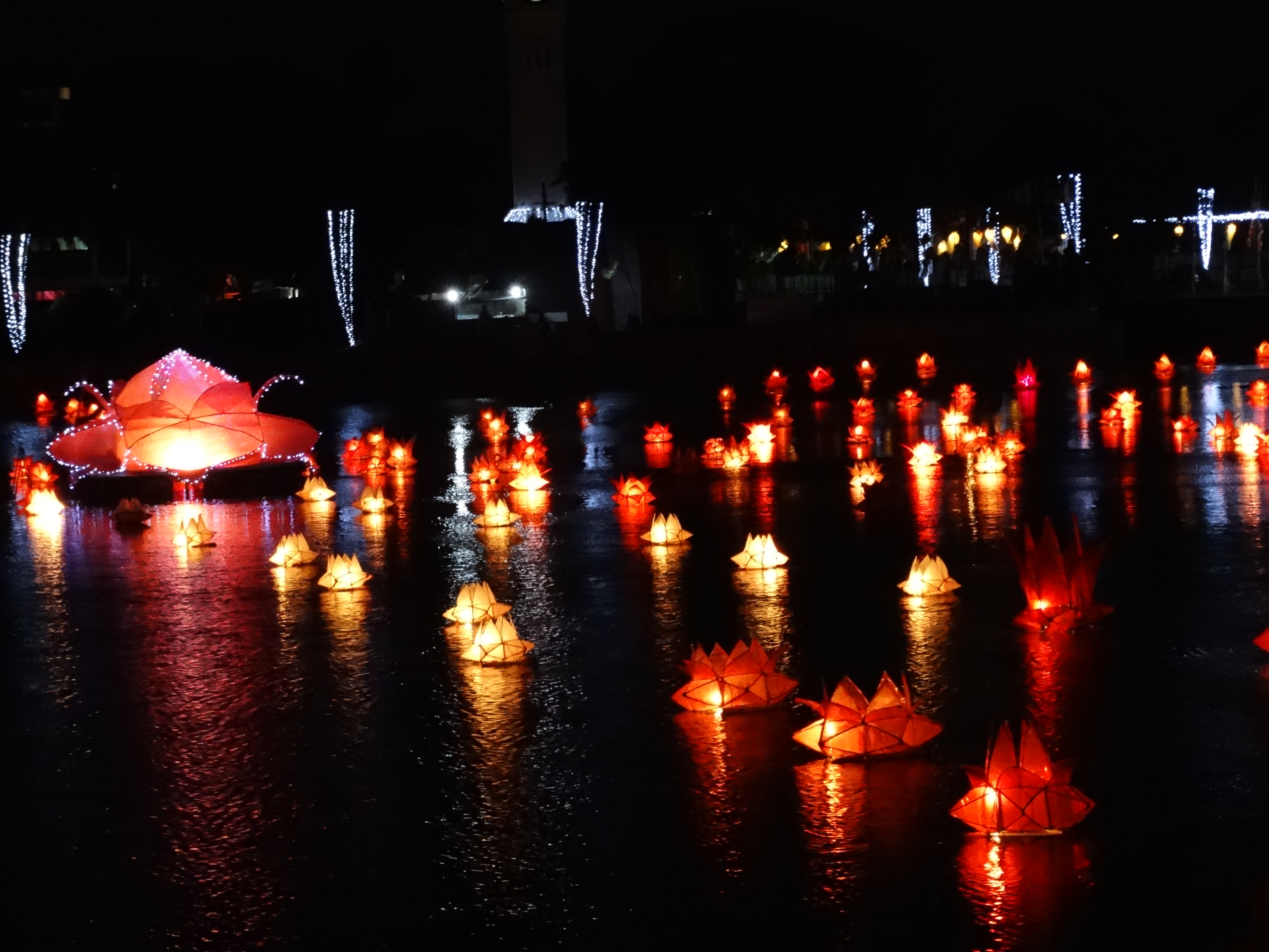 Floating lanterns on a lake for Buddha's Birthday in Jaffna, Sri Lanka