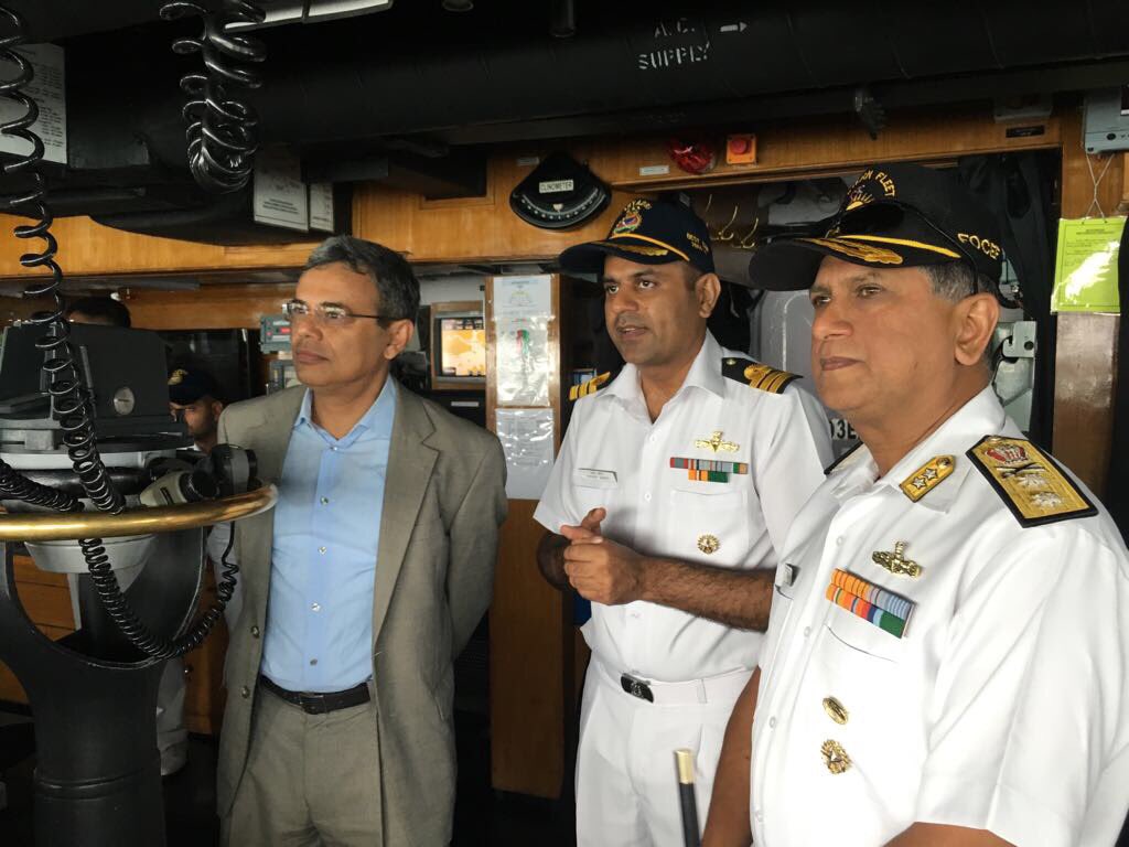 Flag Officer Commanding Eastern Fleet (FOCEF) Rear Admiral B Dasgupta and Indian ambassador to Singapore Jawed Ashraf on board INS Sahyadri 