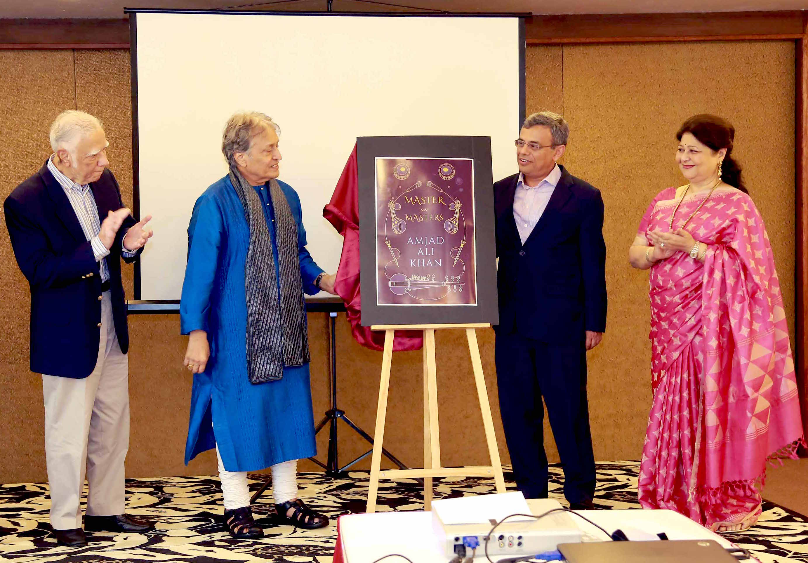 (L-R): Ambassador Gopinath Pillai, Chairman, ISAS and Ambassador-at-Large, Singapore, Sarod Maestro Ustad Amjad Ali Khan, Jawed Ashraf, High Commissioner of India to Singapore, Subhalakshmi Khan releasing the book Master on Masters 