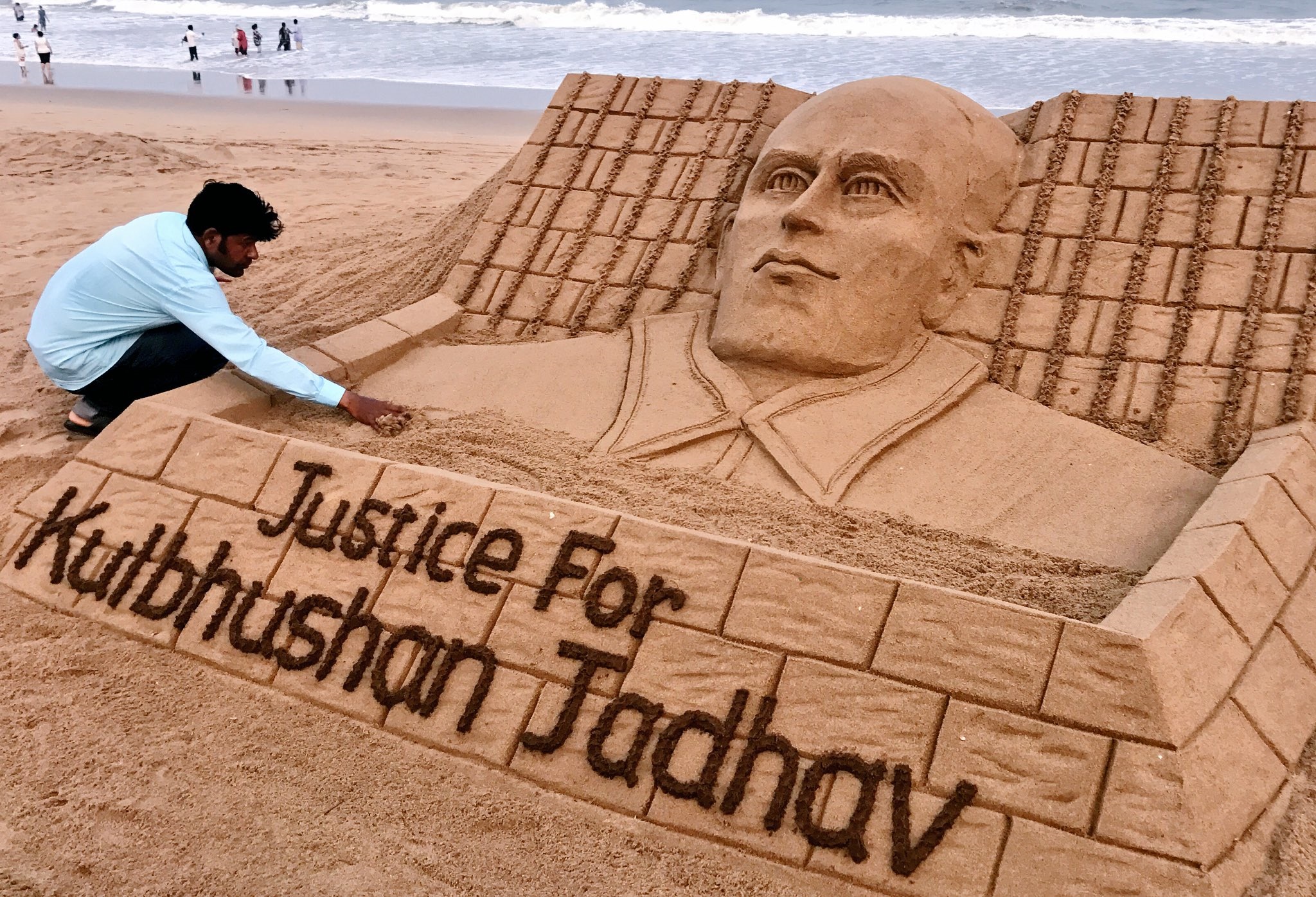 A sand sculpture in support of Kulbhushan Jadhav. 