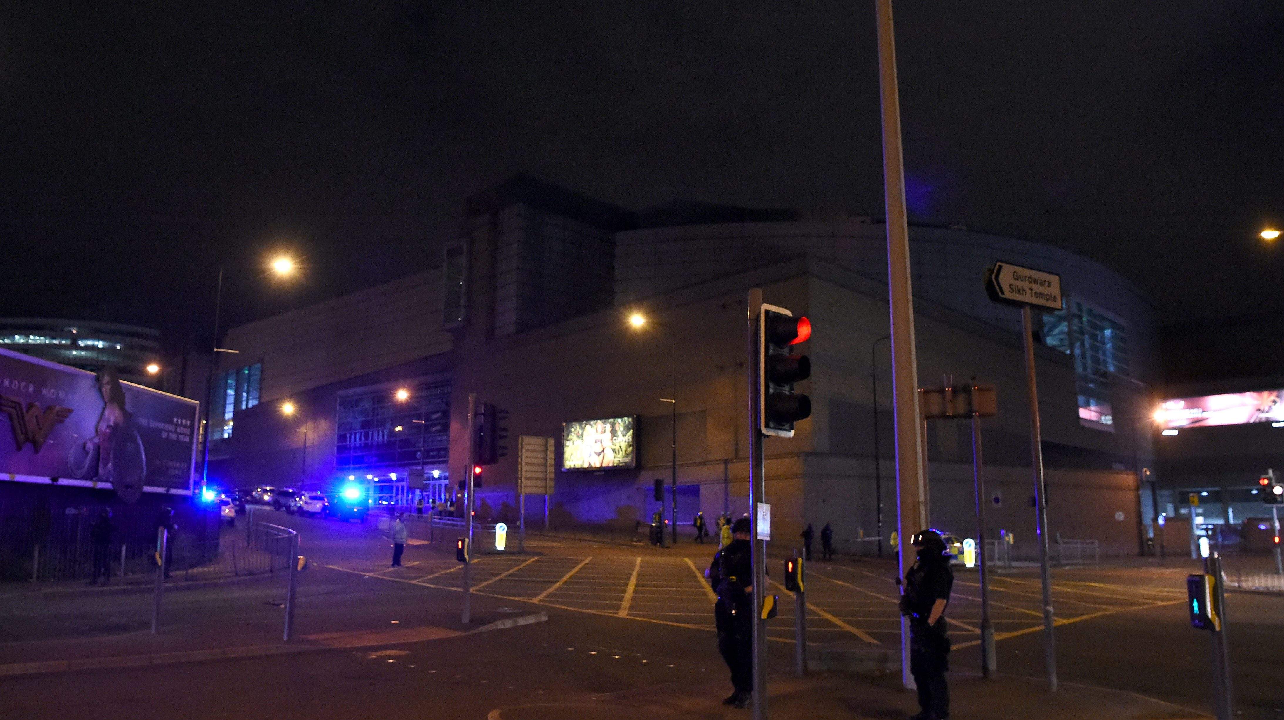 Police present at the Manchester Arena in United Kingdom where a bomb explosion killed 19 people and injured 50 others. 