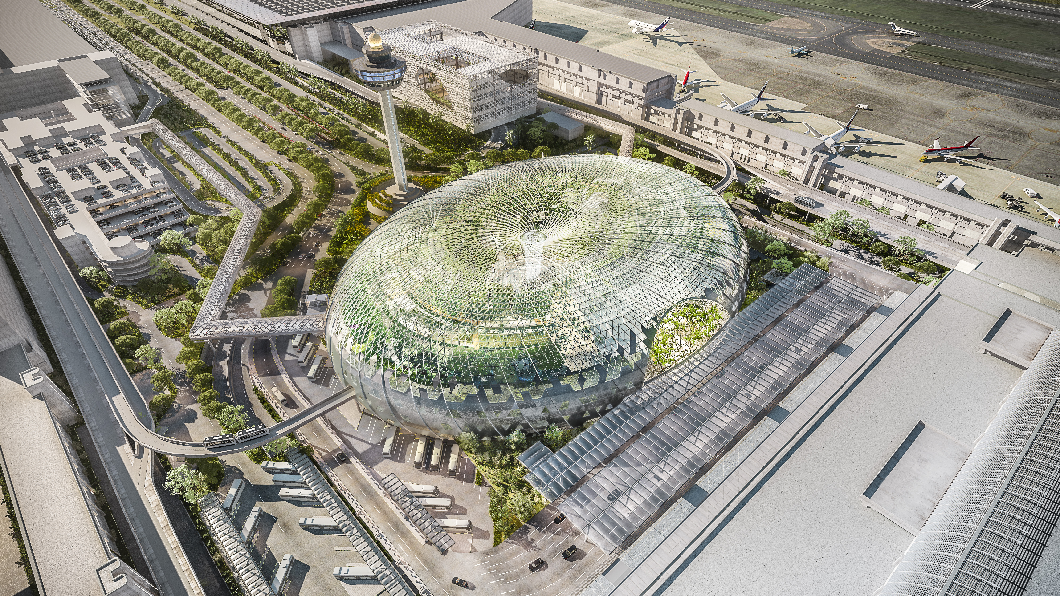 Aerial view of Jewel Changi Airport. Photo courtesy: Jewel Changi Airport Development