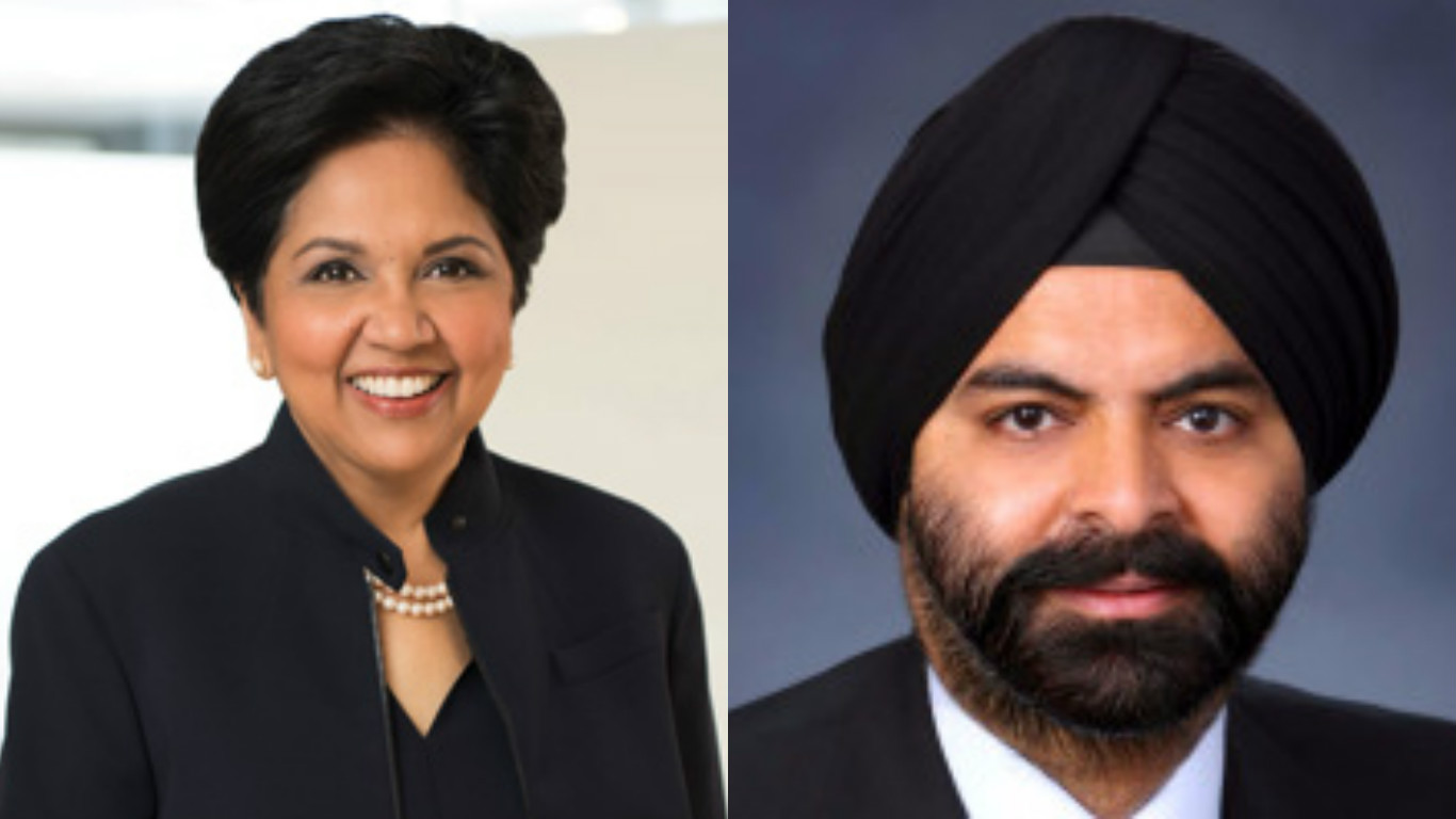 Indra Nooyi, CEO of Pepsico (left) and Ajay Banga, CEO of Mastercard.