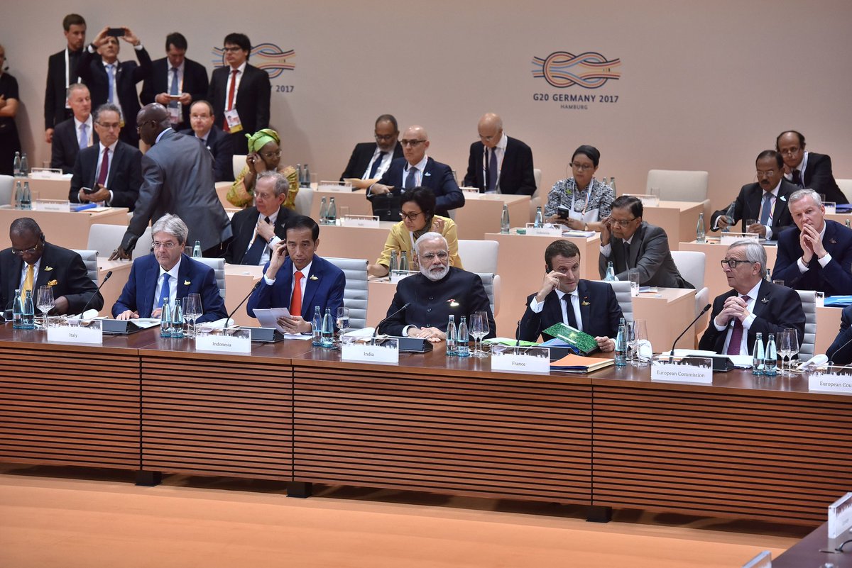 PM Modi at Session I on global growth and trade: GST will create a unified market of 1.3 bn people and build resilience. Photos Courtesy: Indian Ministry of External Affairs