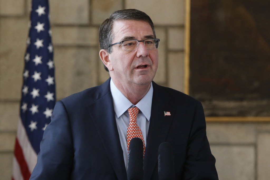 U.S. Secretary of Defense Ash Carter addresses a new conference with Afghan President Ashraf Ghani (