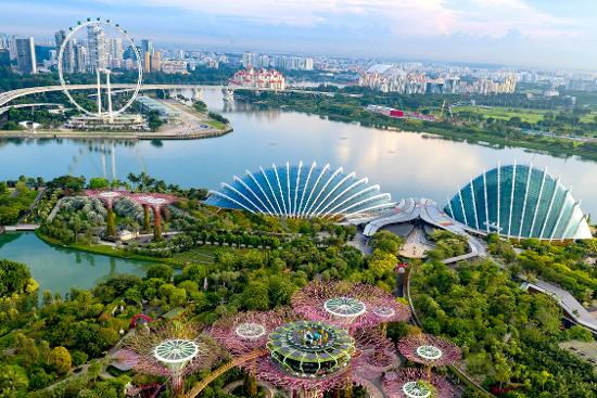Drone shot featuring Marina Bay, complemented by the Flower Dome and Singapore Flyer in the background