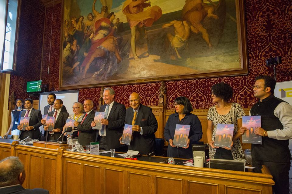 (From left) Vijay Goel, Marion Fellows MP, Virendra Sharma, Bob Blackman, Swraj Paul, Baron Paul,Sandip Verma, Baroness Verma, Chi Onwurah andSujit S Nair launching a panel discussion of the summit at UK Parliament.