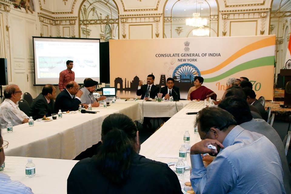 ECI senior members Sandeep Saxena (left) and Umesh Sinha (centre) in New York. 