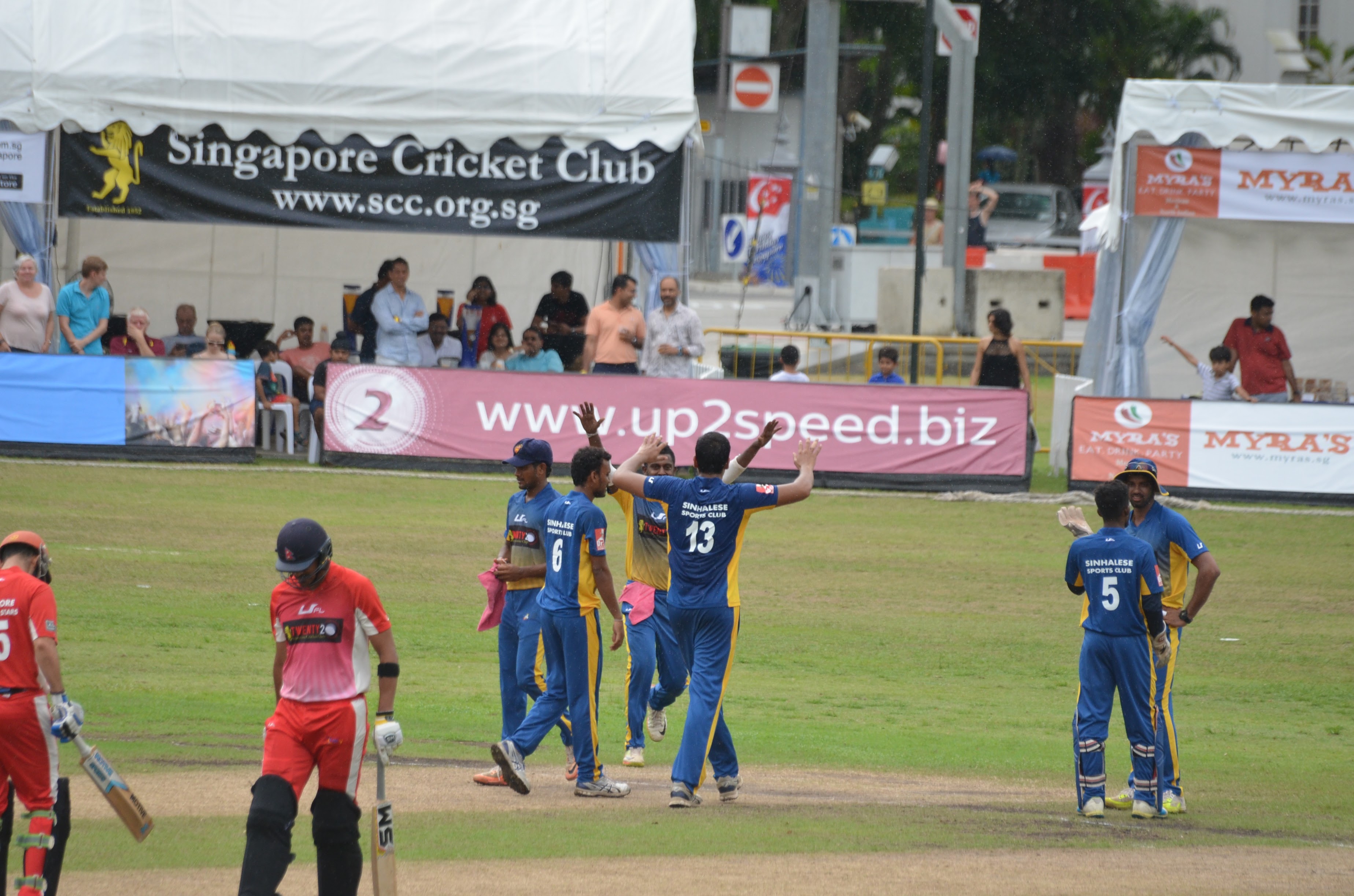 SSC team members celebrate the dismissal of an SES batsman.
