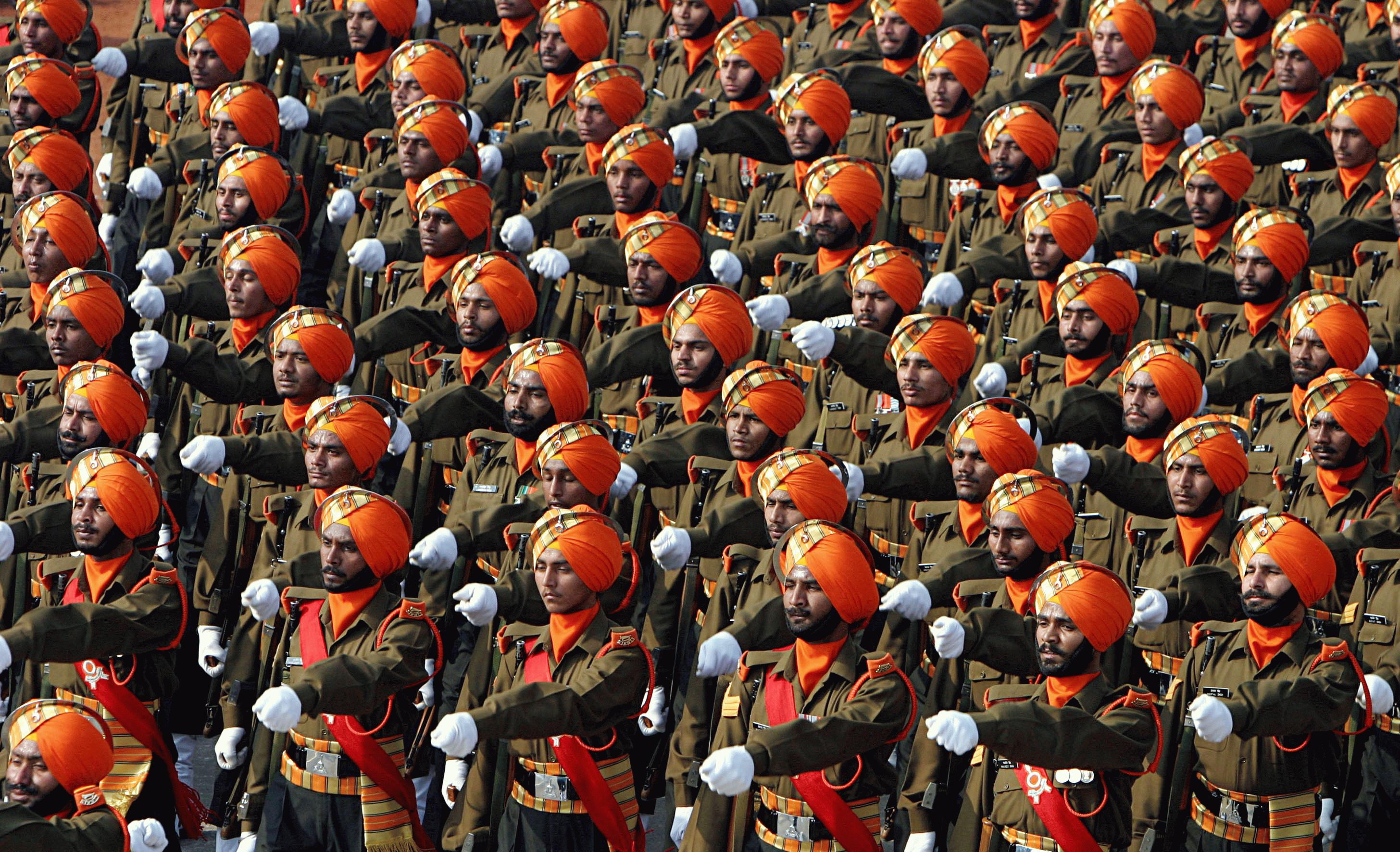 Indian soldiers of the Sikh Light Infantry during a Republic Day Parade.