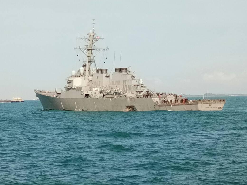 Photo released by Royal Malaysian Navy, purportedly showing the damage to American guided-missile destroyer USS John S. McCain DDG 56 when it collided with Liberian merchant vessel Alnic MC early morning on 21 August. Photo courtesy: Royal Malaysian Navy