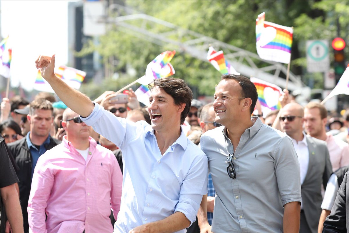 Irish PM Leo Varadkar (right) with his Canadian counterpart Justin Trudeau at the Montreal Gay Pride parade.