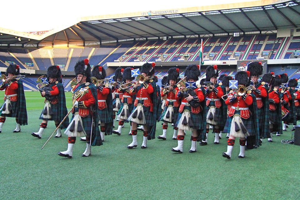 A Scottish marching band taking part in the Indian Independence Day celebrations at Murrayfield Stadium.