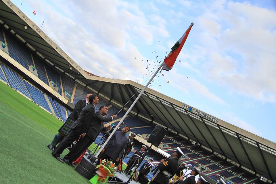 High Commissioner of India, UK YK Sinha unfurls the Indian tricolour at the Murrayfield Stadium in Edinburgh to mark Indian Independence Day. Photos courtesy: Indian high Commission, UK