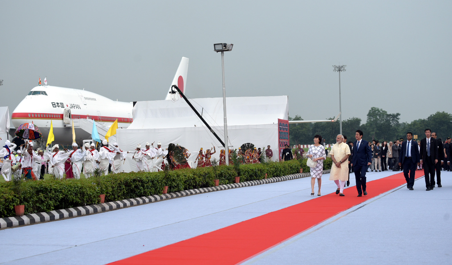 Prime Minister of Japan Shinzo Abe and  Mrs Akie Abe being accorded a red carpet welcome by the Prime Minister Narendra Modi, at Ahmedabad airport, Gujarat on September 13, 2017