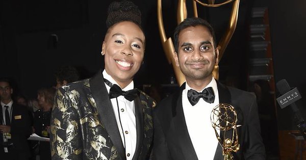 Aziz Ansari (right) and Lena Waithe won the Best Writing for a Comedy Series. 