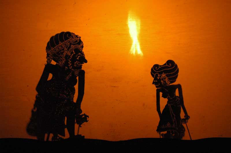 A Wayang show in Bali Indonesia, presenting a play from the Ramayana.