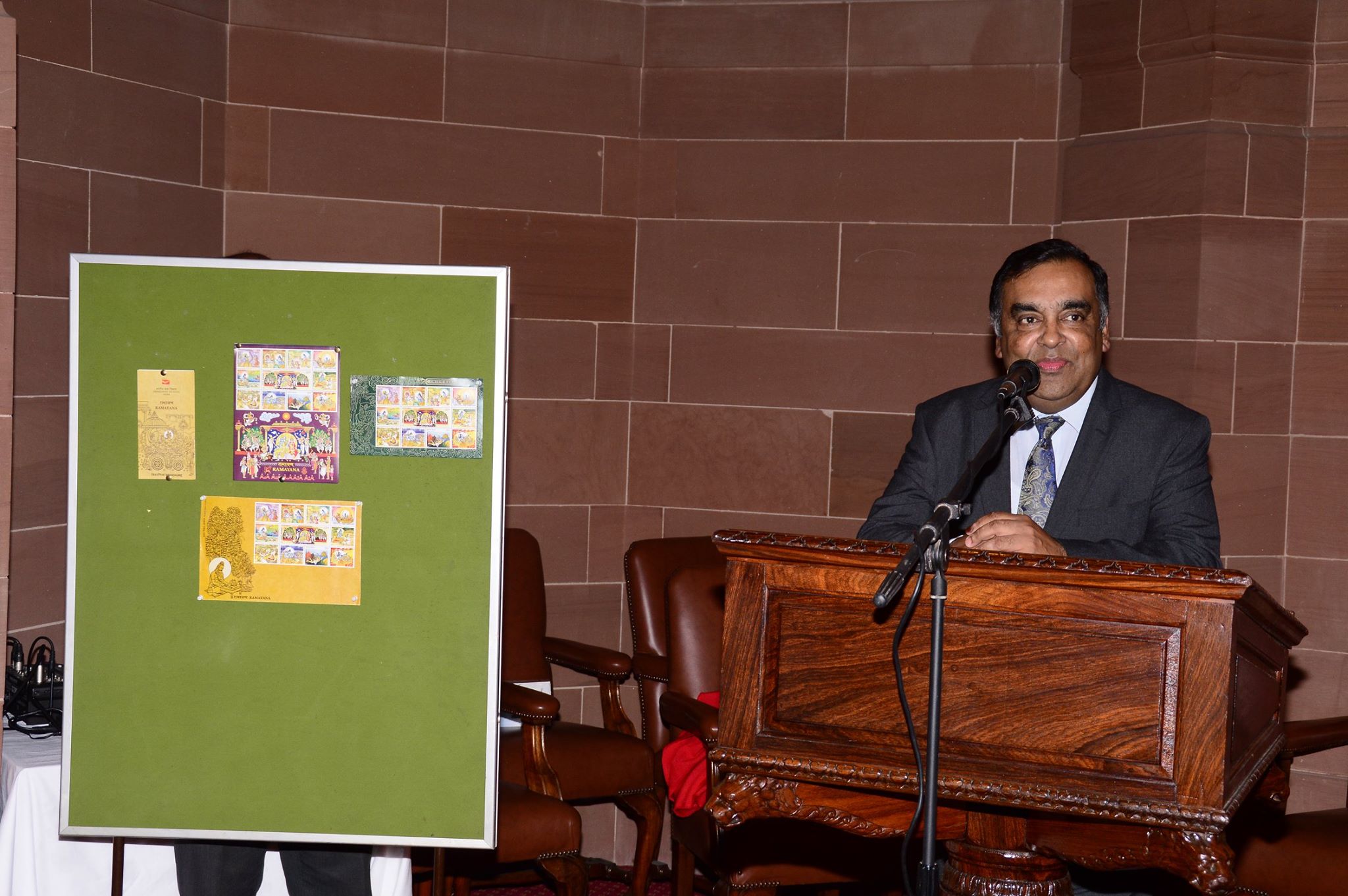 HCI to the UK Y K Sinha introducing the new stamps. 