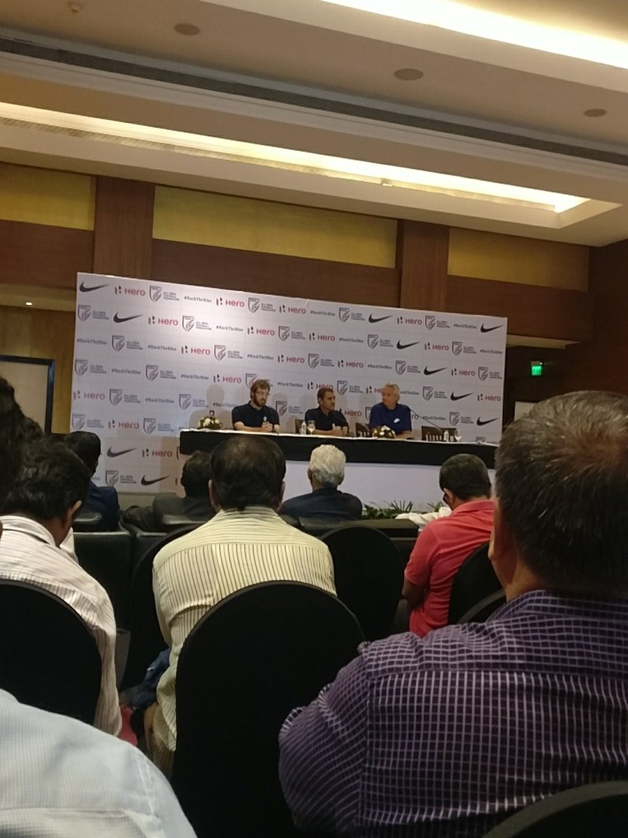 AIFF president Praful Patel (centre) at a press conference announcing the launch of the U17 World Cup.