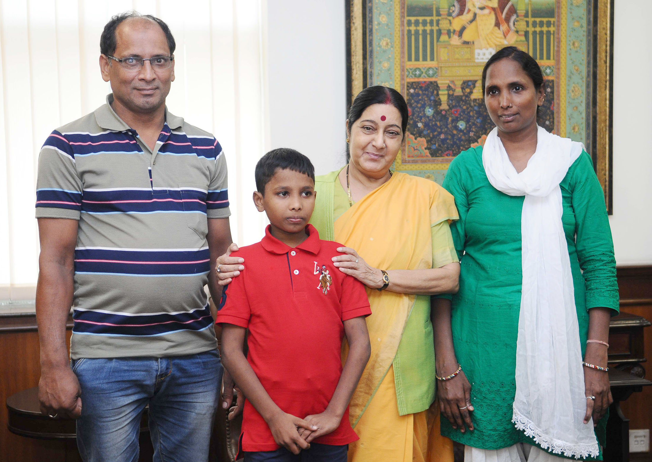 Union Minister for External Affairs Sushma Swaraj welcoming the young boy Sonu returned from Bangladesh, in New Delhi on June 30, 2016 Photo courtesy: Press Information Bureau/MEA