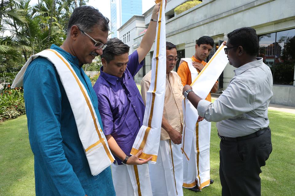 Singaporean MPs wearing veshti and thundu during the photo shoot.