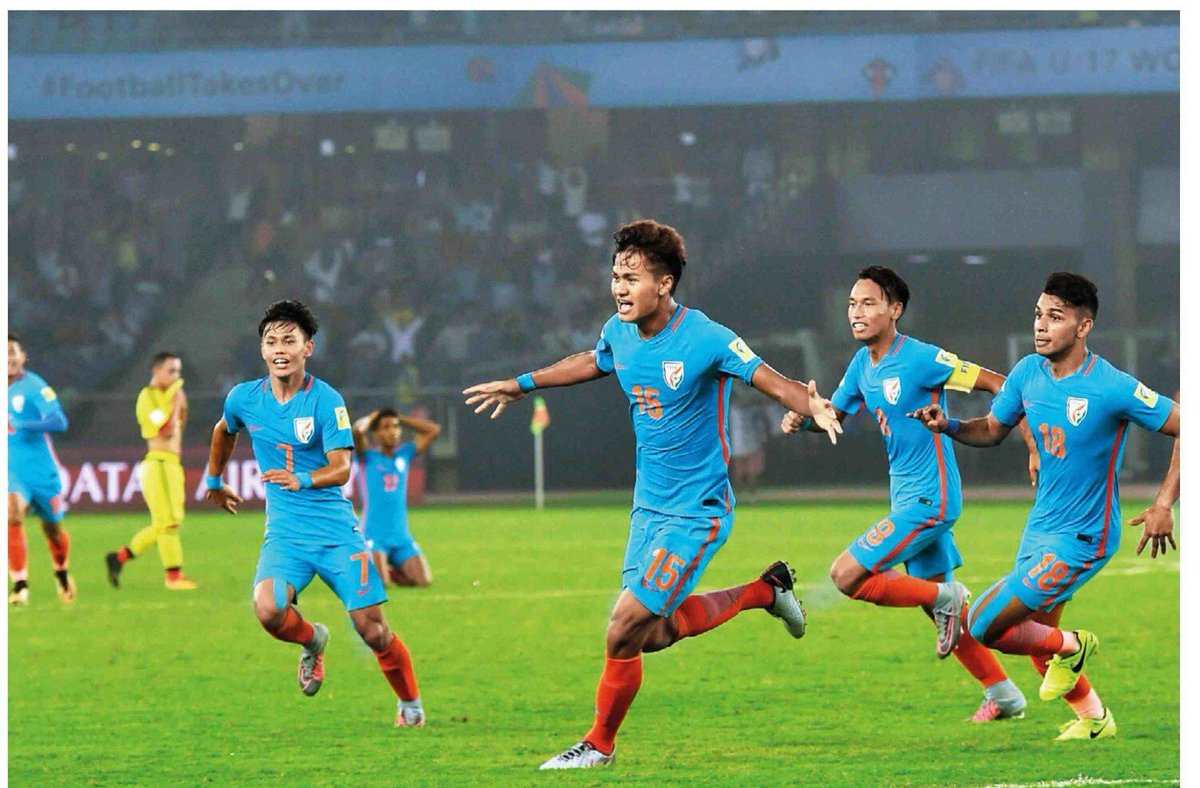 Jeakson Singh celebrates after scoring for India against Colombia in the U 17 World Cup.