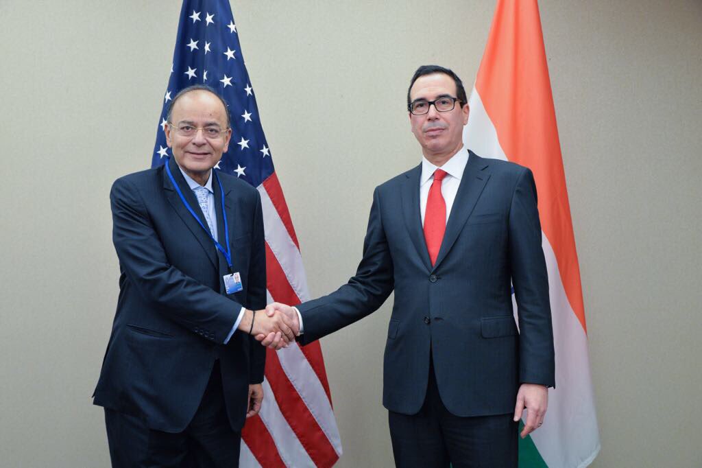 FM Jaitley (left) with US Tresury Secretary Steve Mnuchin.