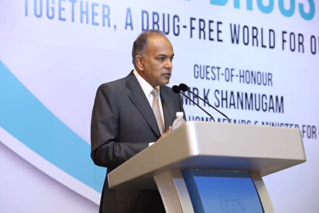 Singapore Home Affairs and Law Minister K Shanmugam speaking at the opening of the second Asia-Pacific Forum Against Drugs at the ParkRoyal Hotel in Beach Road today, 