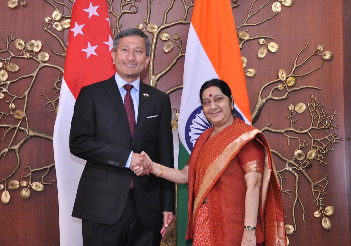 Singapore's Minister for Foreign Affairs Dr Vivian Balakrishnan being welcomed by Indian External Affairs Minister(EAM) Sushma Swaraj at New Delhi.
