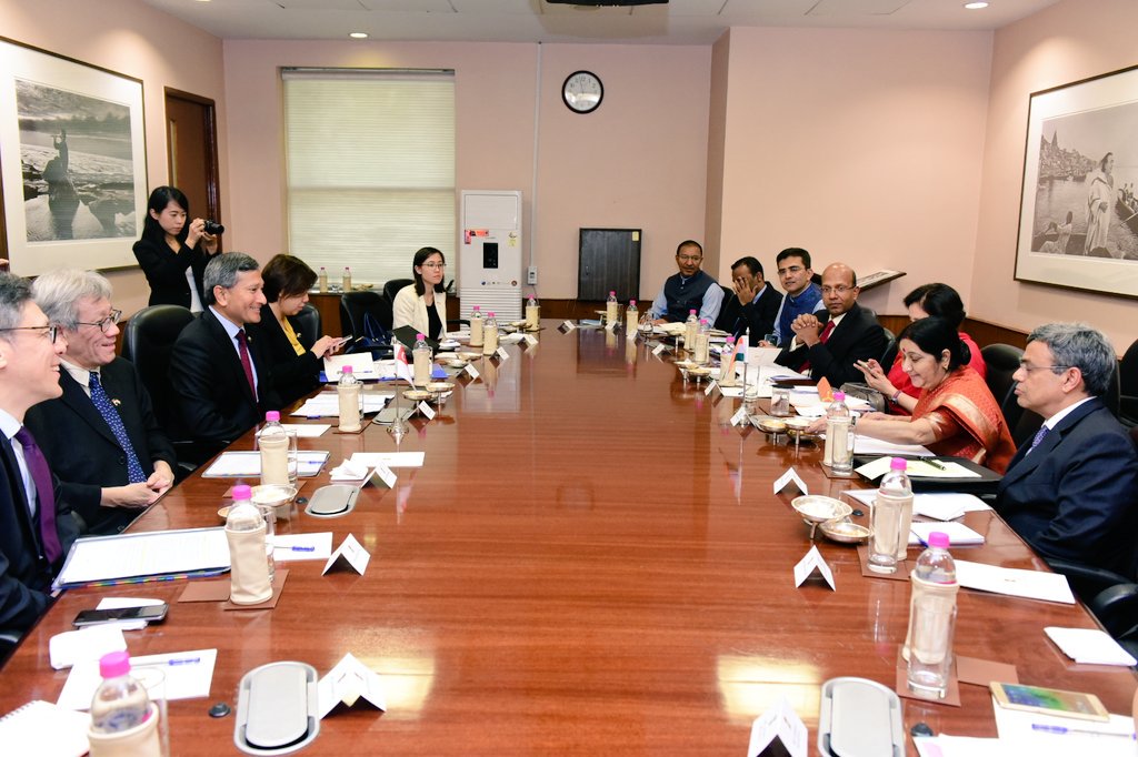 Delegations led by Singapore's Minister for Foreign Affairs Dr Vivian Balakrishnan and Indian External Affairs Minister (EAM) Sushma Swaraj attend 5th Joint Ministerial Committee Meeting organised at New Delhi. 
