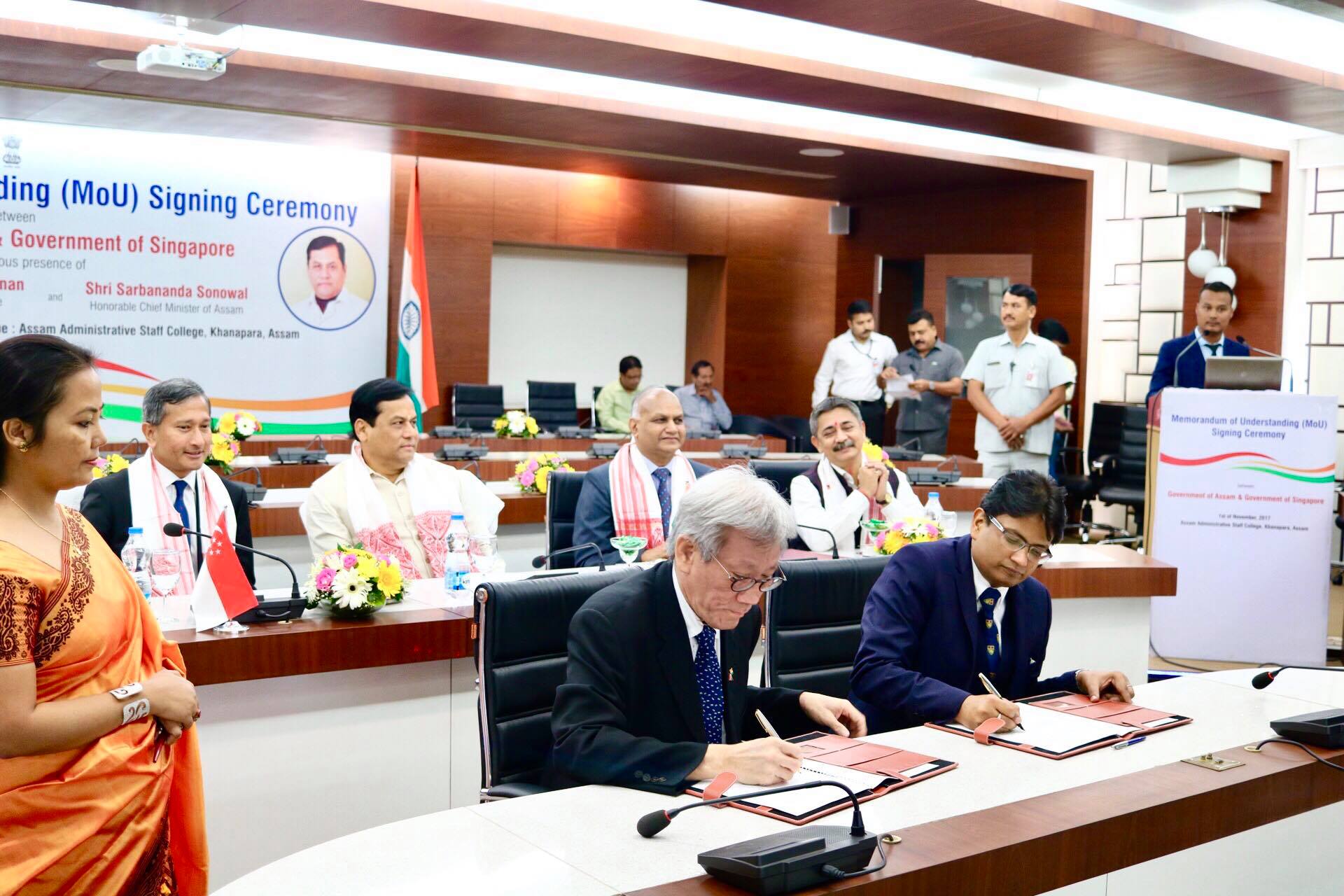 Singapore Minister for Foreign Affairs Dr Vivian Balakrishnan looks on the signing of MoU on North East Skills Centre by Singapore High Commissioner Lim Thuan Kuan and Assam Principal Secretary of Skills Ashutosh Agnihotri.