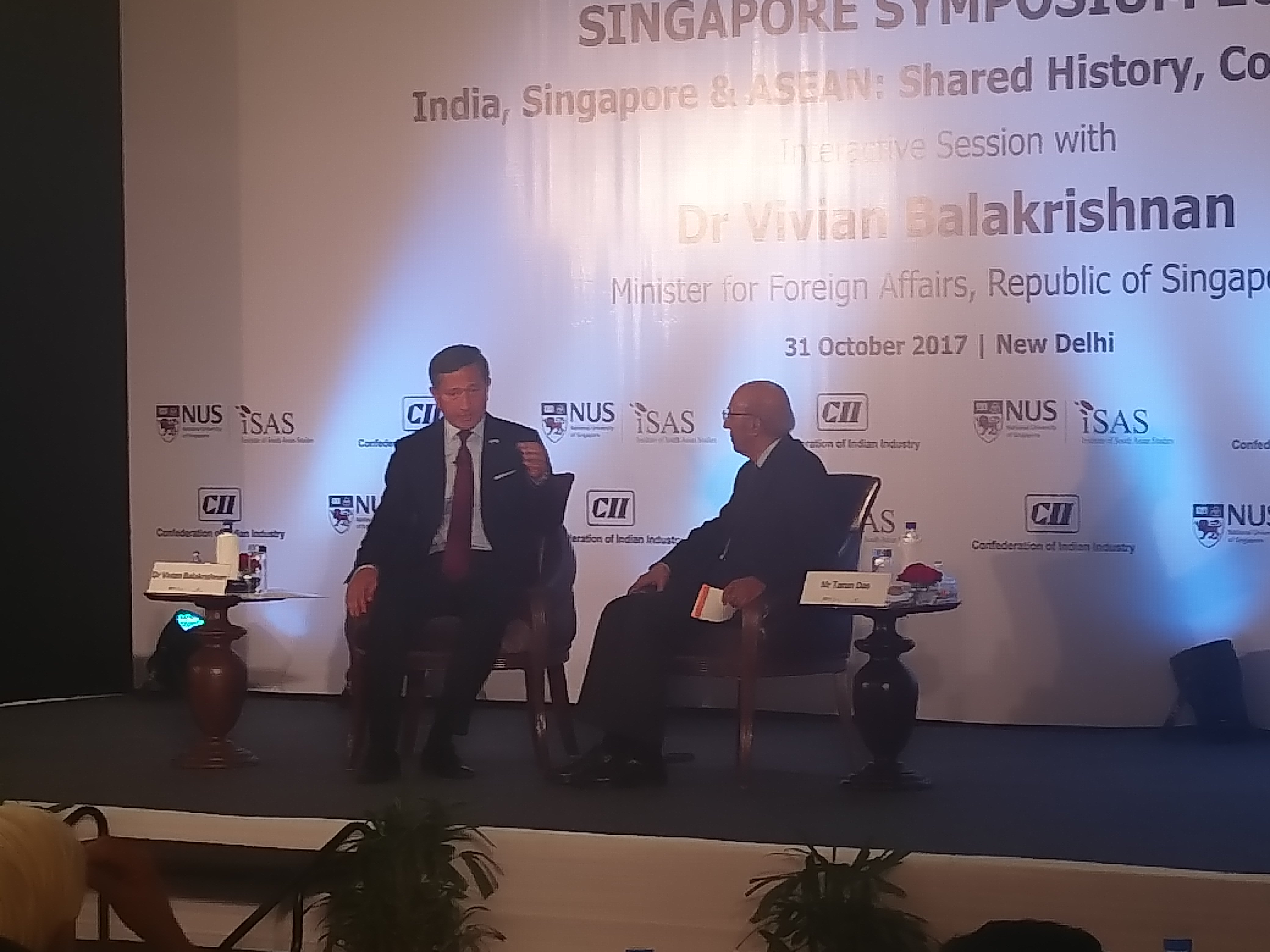 Singapore's Minister for Foreign Affairs Dr Vivian Balakrishnan (left) during an interactive sessison moderated by former CII chairman Tarun Das.