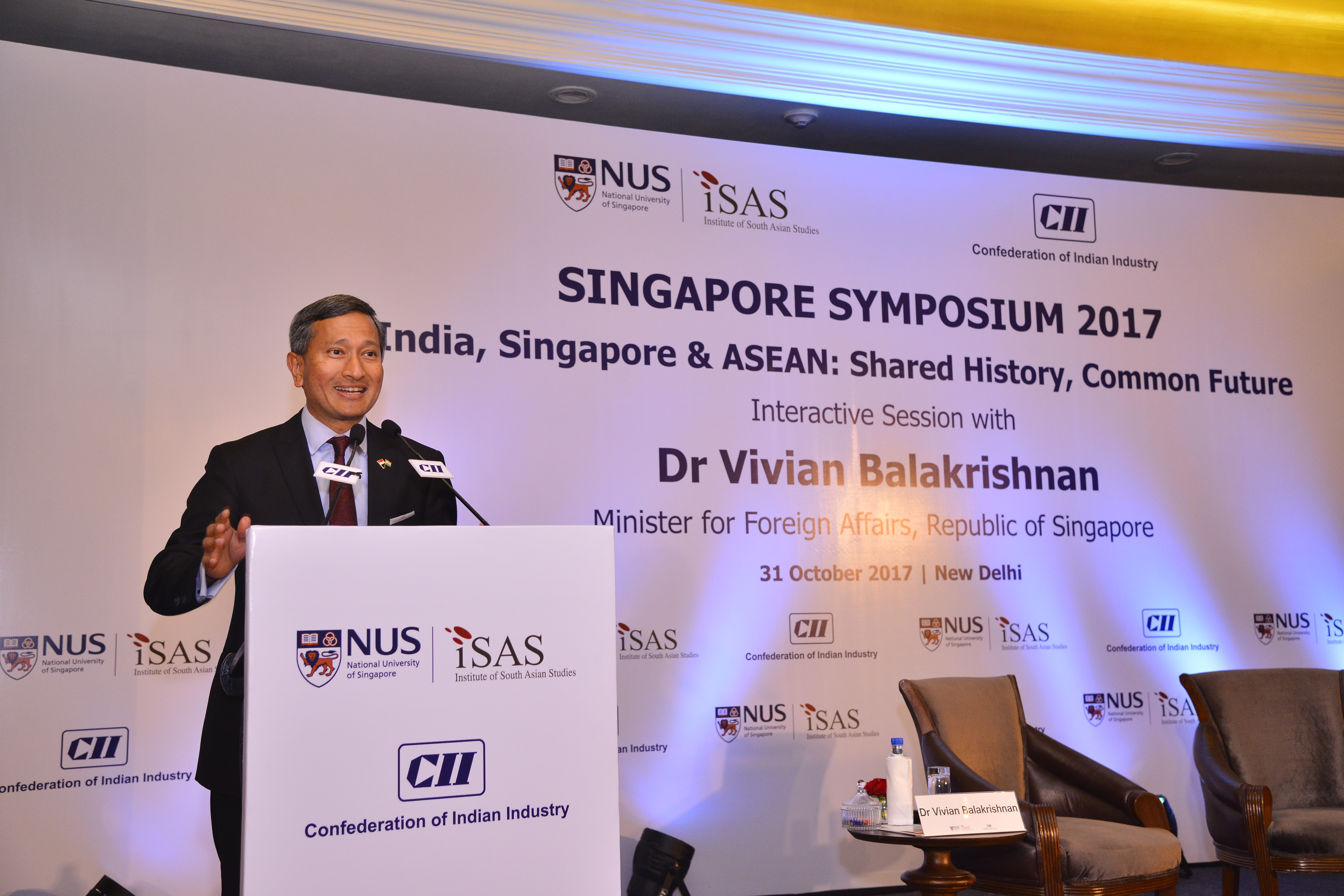 Singapore's Minister for Foreign Affairs Dr Vivian Balakrishnan speaking at a symposium 'India, Singapore and ASEAN: Shared History, Common Future' organised in New Delhi. Photo courtesy: MEA
