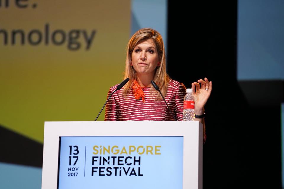 Queen Maxima of the Netherlands addressing delegates at the Singapore Fintech Festival conference. 