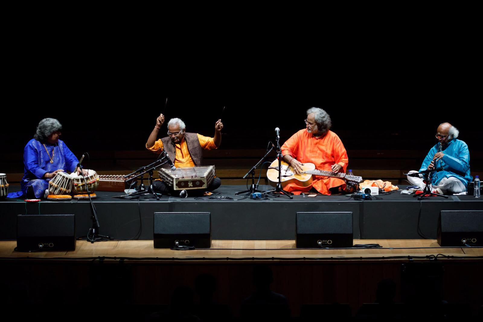 Grammy award-winner Pandit Vishwa Mohan Bhatt (third from left) with his self created Mohan veena, Pandit Daya Shankar with shehnai (extreme right), Pandit Tarun Bhattacharya on santoor and Ramkumar Mishra on tabla conversed in music at Raag Tarangini in Kalaa Utsavam on 18th November. Photo courtesy: Esplanade Theatres on the Bay