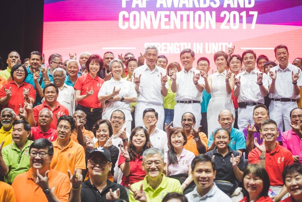Prime Minister Lee Hsien Loong along with members of labour movement during PAP convention in Singapore. 