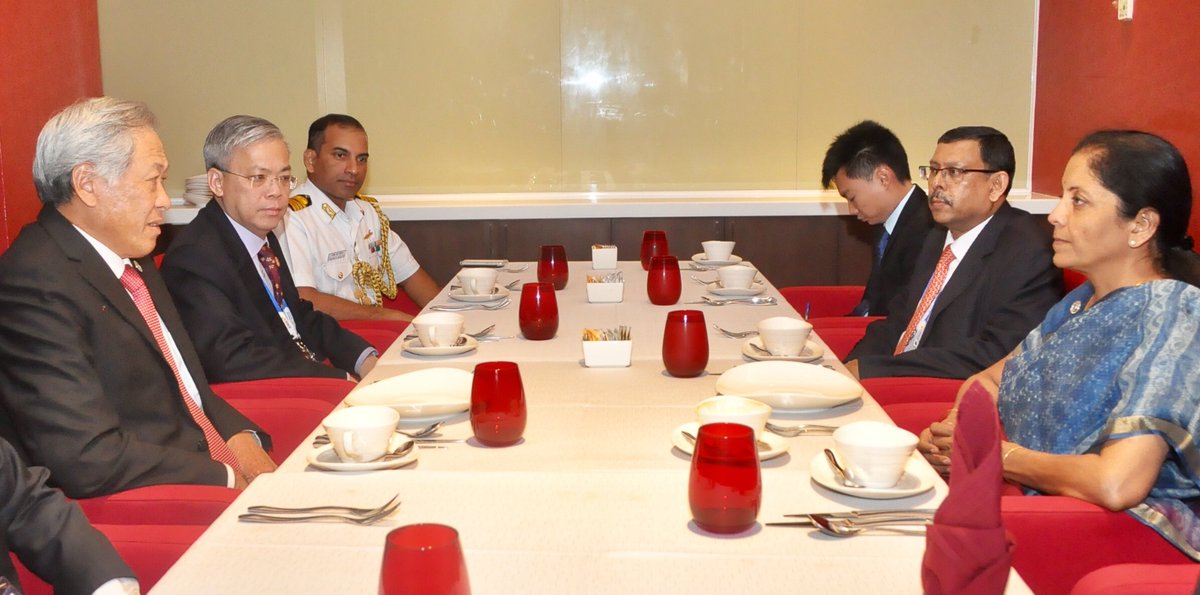Defence Ministers of India Nirmala Sitharaman (right) and Singapore Ng Eng Hen during their interaction.