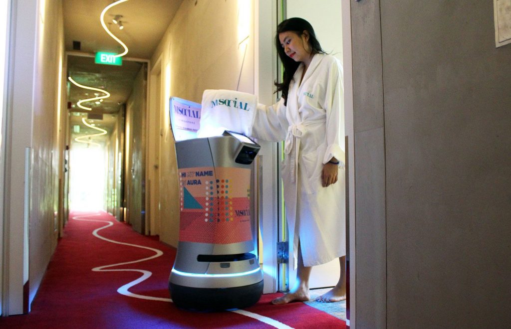 AURA is capable of delivering bottled water, towels, toiletries and other products in hotels. 
