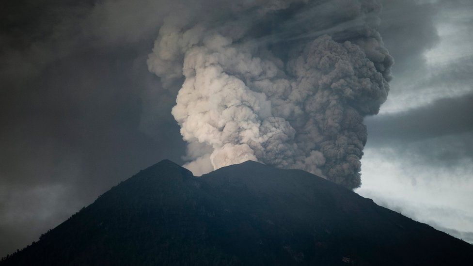 Ash spewing from Mt Agung in Bali. 