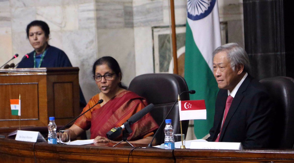 Indian Minister for Defence Nirmala Sitharaman making a press statement after bilateral talks with Def Min of Singapore Dr Ng Eng Hen(right) at South Block on 29 Nov 2017. Also seen are senior military and civilian officials of both the countries. (Photo courtsey: Ministry of Defence)
