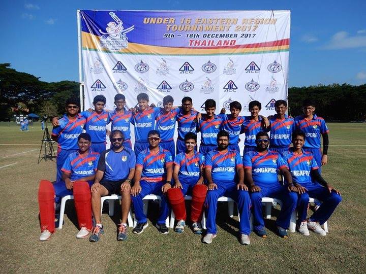 The victorious Singapore team which defeated Malaysia by 29 runs in the opening match of Asian Cricket Council Under-16 Eastern Region tournament being organised in Thailand. 