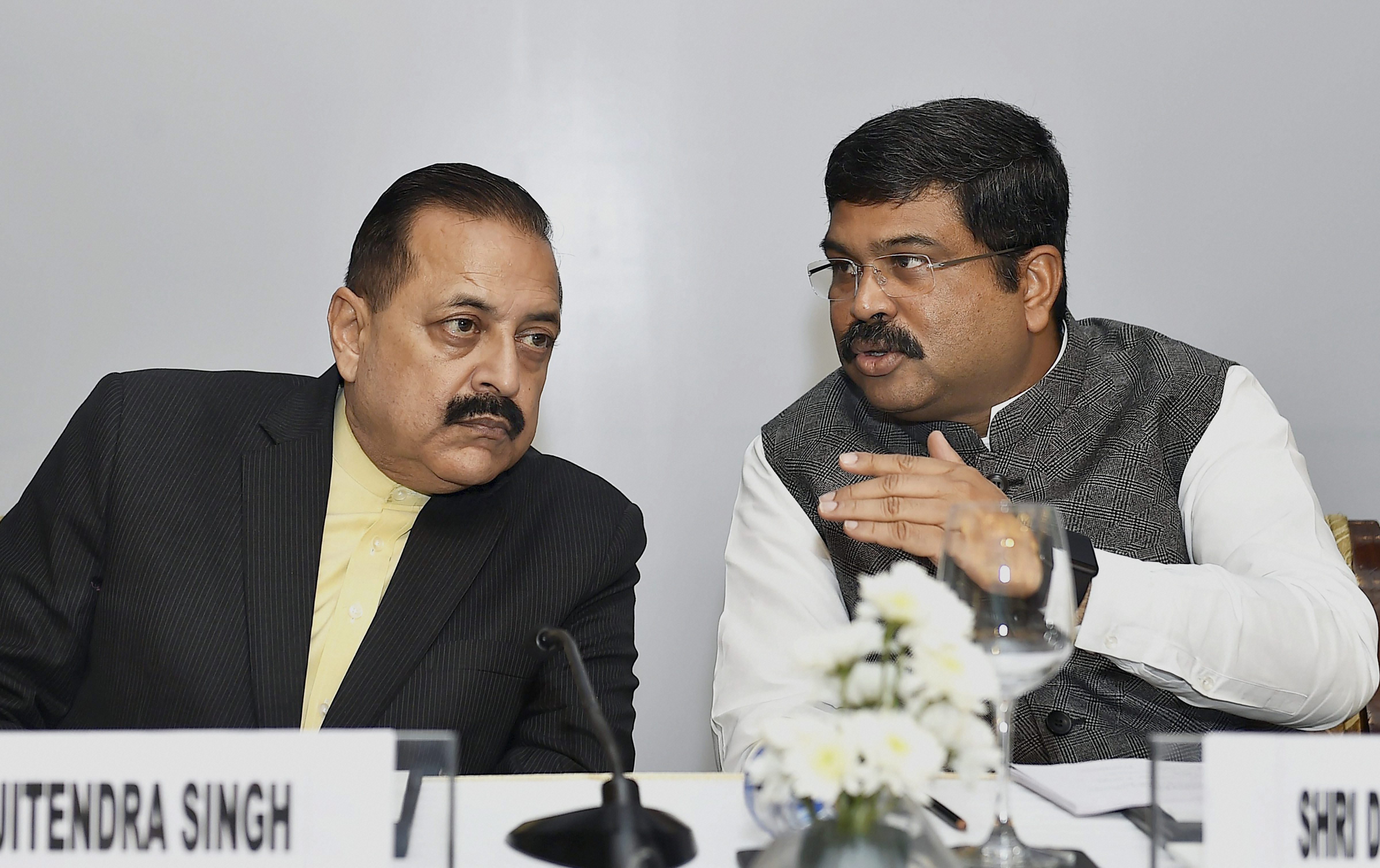 Indian Union Minister for Petroleum and Natural Gas Dharmendra Pradhan (right) and Union Minister of State (Independent Charge) of the Ministry of Development of North Eastern Region (DoNER), Jitendra Singh during a Conference of India-ASEAN Partnership@25 in New Delhi.