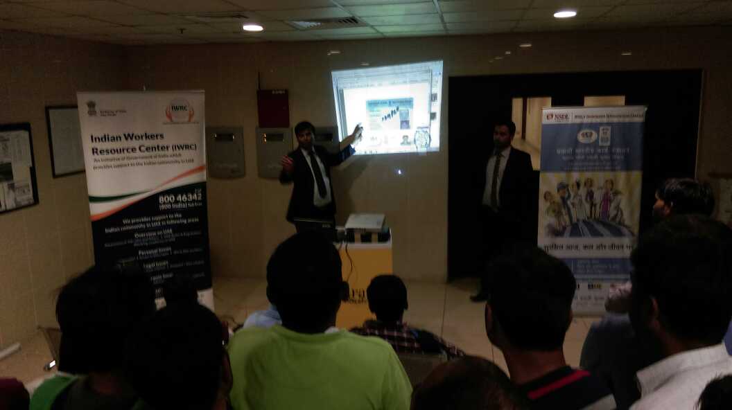 Indian workers attending an Awareness Camp held in Dry Docks Camp, Dubai launched by the MEA. Photo courtesy: MEA)
