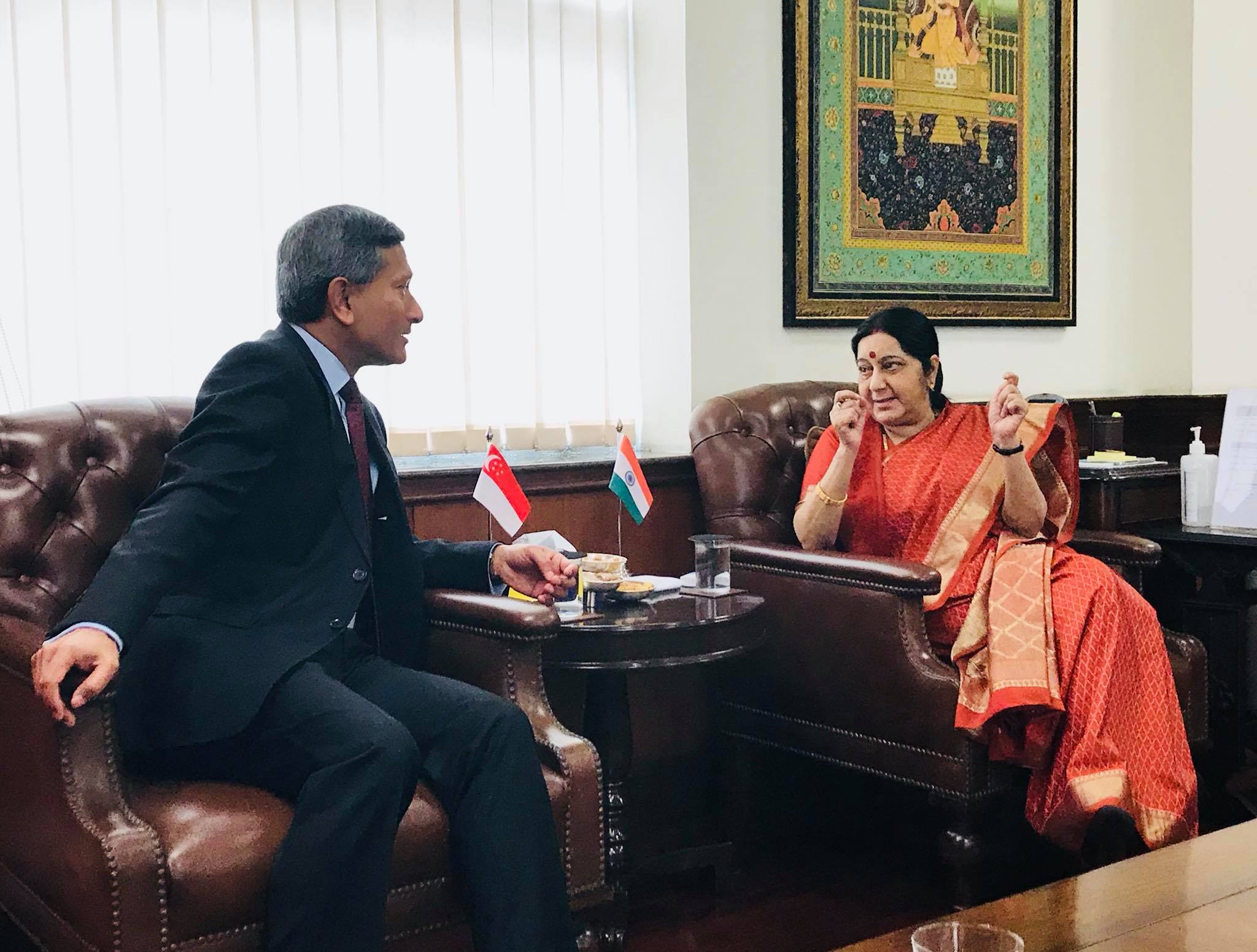 Singapore Minister for Foreign Affairs Dr Vivian Balakrishnan (left) with Indian External Affairs Minister Sushma Swaraj in New Delhi. The EAM will share with her interlocutors relevant information about the forthcoming ASEAN-India Commemorative Summit during her upcoming visit.