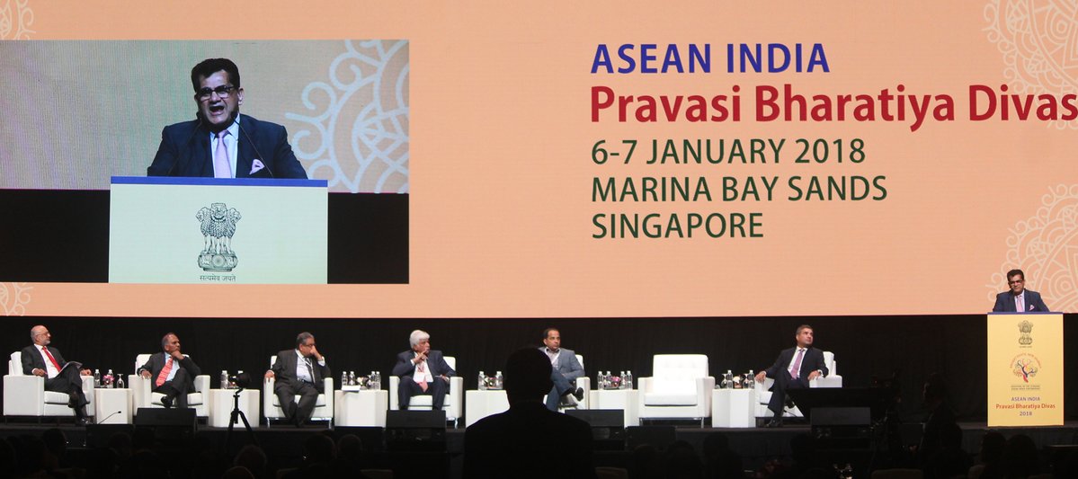 Amitabh Kant, Chief Executive Officer of National Institute for Transforming India (Niti Ayog)speaking at the Pravasi Bharatiya Divas in Singapore. Photo courtesy: Twitter@IndiainSingapor