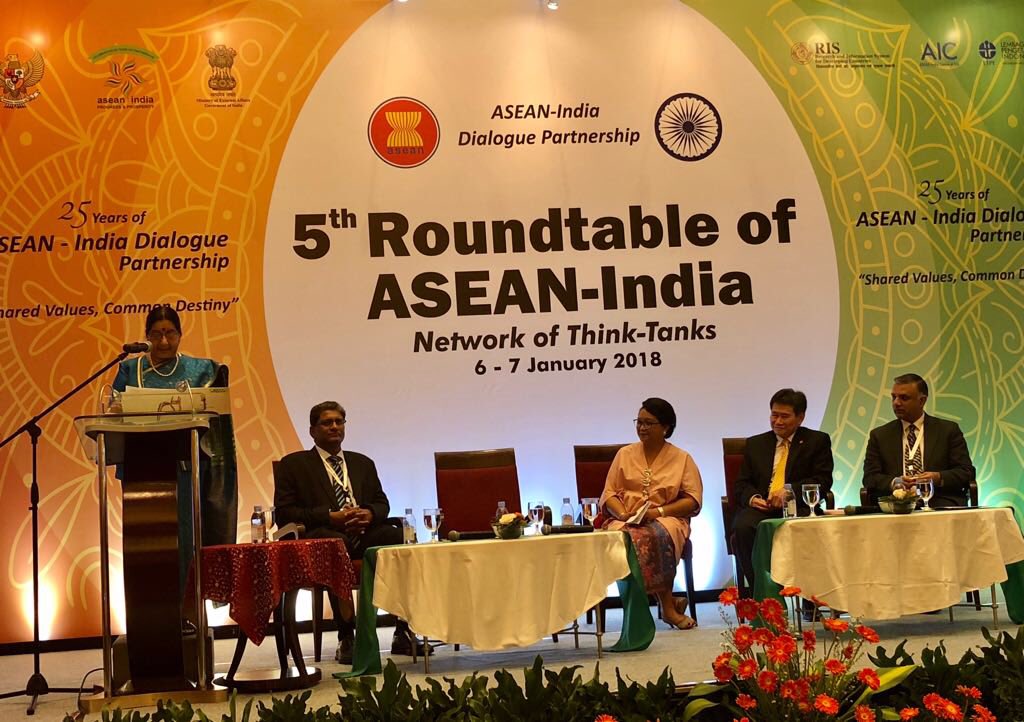 EAM Sushma Swaraj inaugurating the 5th Round Table of ASEAN India Network of Think-Tank. In attendance are FM of Indonesia Retno Marsudi, Secretary Gen of ASEAN and DG RIS. Photo courtesy: MEA